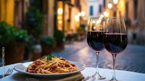 A cozy trattoria in Rome, with a table set for two, featuring pasta and red wine