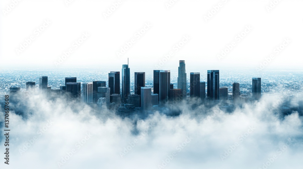 Obraz premium City skyline partially obscured by clouds, showcasing a dramatic, moody atmosphere. Dark skyscrapers rise above a sea of white clouds under a bright sky. 