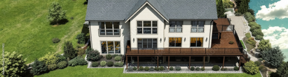 modern two-story house with a large deck and lush green surroundings modern two-story house with a large deck and lush green surroundings