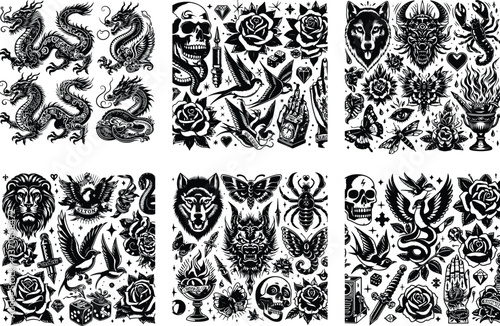 Tattoo Style Vector Bundle | Vintage Skull, Roses, Dragons, and Wild Animals Illustrations