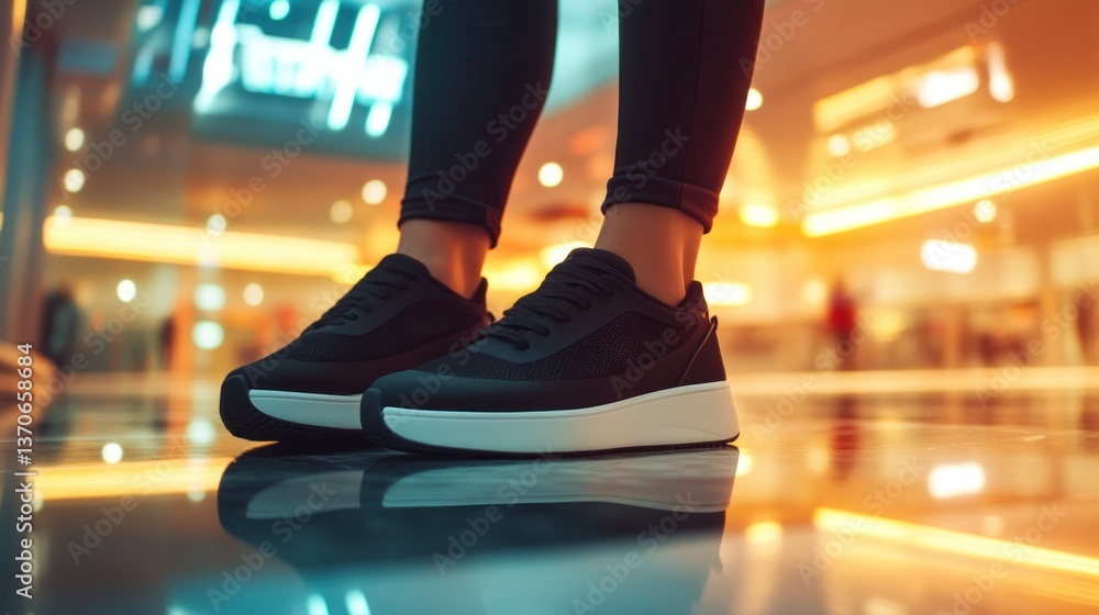 Fototapeta premium Black sneakers resting on a reflective mall floor indoors