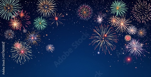 Vibrant fireworks exploding in a night sky filled with stars, colorful artistic style, dark blue background, concept of celebration and joy. Ai generative