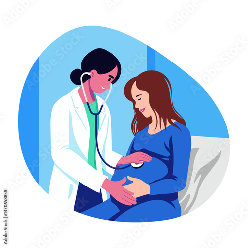 Flat illustration of a gynaecologist checking a pregnant lady