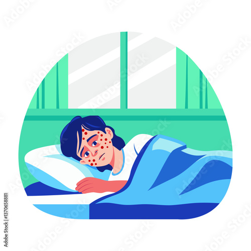 A character having chickenpox on his face, flat illustration