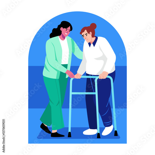 A flat style illustration depicting nursing care for the elderly