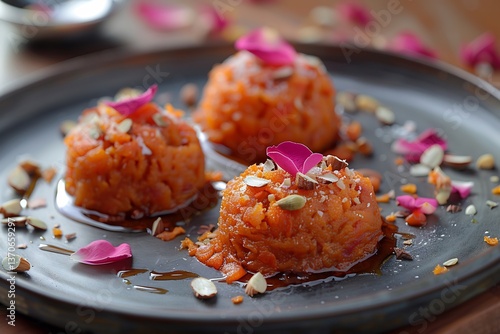 Gajar ka Halwa plated in quenelle form with cardamom cream swirl