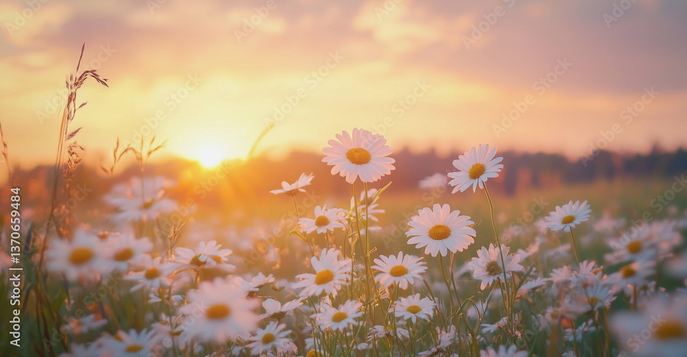 Field of daisies glowing in the soft golden light of sunset. The dreamy pastel sky and delicate white petals create a peaceful, romantic atmosphere perfect for spring nature scenes.
Field of daisies glowing in the soft golden light of sunset. The dreamy pastel sky and delicate white petals create a peaceful, romantic atmosphere perfect for spring nature scenes.