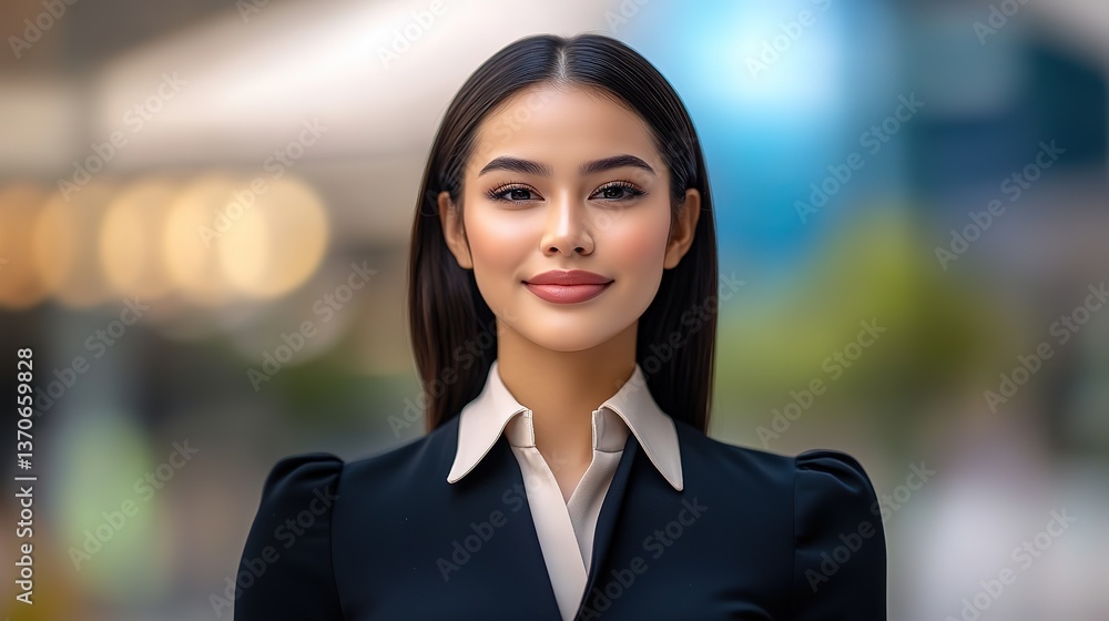Naklejka premium close up portrait pretty Thai businesswoman looking at camera with confident with blur bokeh light 