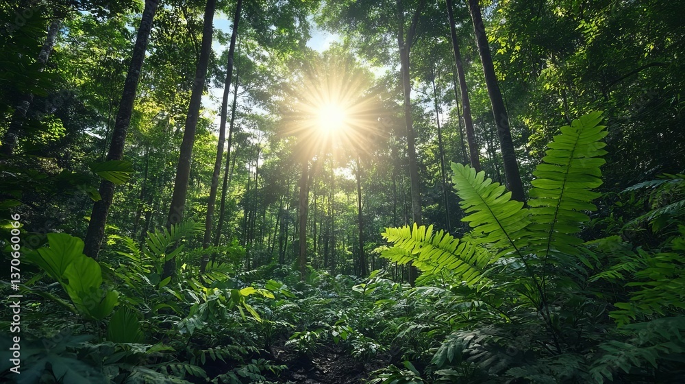 Obraz premium Sunlight filters through lush green forest canopy, nature tranquility scene, Earth Day, eco-friendly conservation, fresh environment
