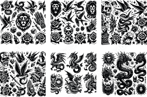 Tattoo Style Vector Bundle | Vintage Skull, Roses, Dragons, and Wild Animals Illustrations