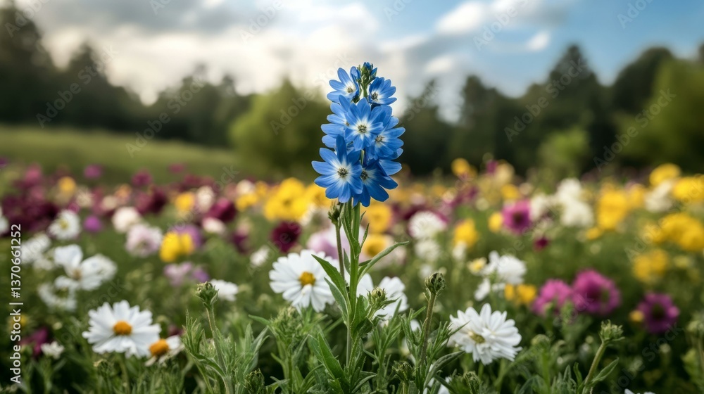 Obraz premium Close-up of vibrant blue wildflower in blooming spring meadow, symbolizing renewal, nature's beauty, ideal for Earth Day