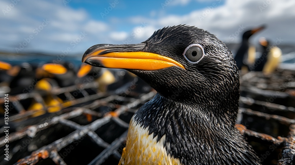 Naklejka premium Close-up shows a Rockhopper penguin featuring its distinctive yellow beak and patterned feathers perched near other penguins against a partially cloud
