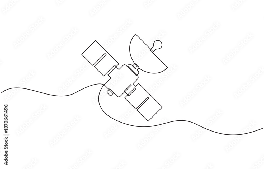 Obraz premium Continuous one line drawing of Satellite in the outer space, Continuous single line drawing of space satellite. satellite communication from near-earth orbit.