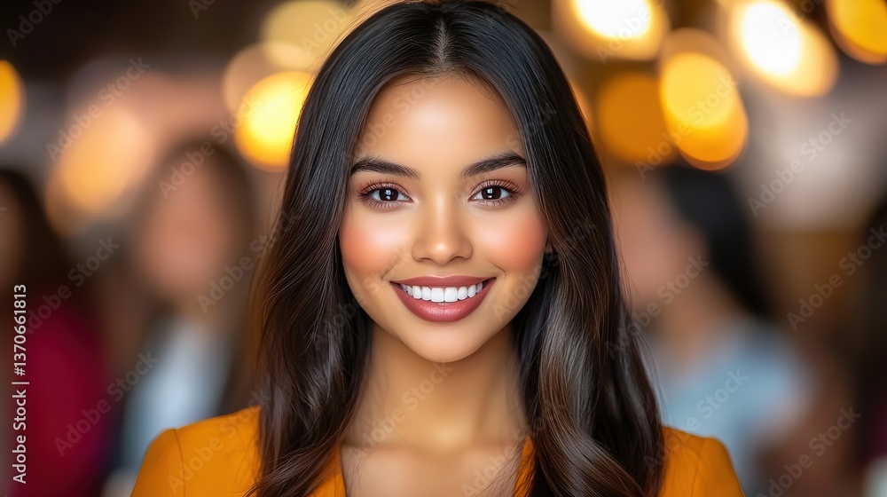 Obraz premium pretty Indian business woman smiling at modern office with other people as background 