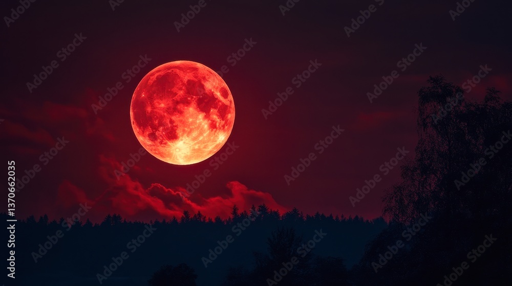 Lunar Spectacle: The captivating full moon glows with an intense red hue, casting an atmospheric glow over a serene night landscape. The scene, showcasing the cosmos, a natural celestial event. Lunar Spectacle: The captivating full moon glows with an intense red hue, casting an atmospheric glow over a serene night landscape. The scene, showcasing the cosmos, a natural celestial event.