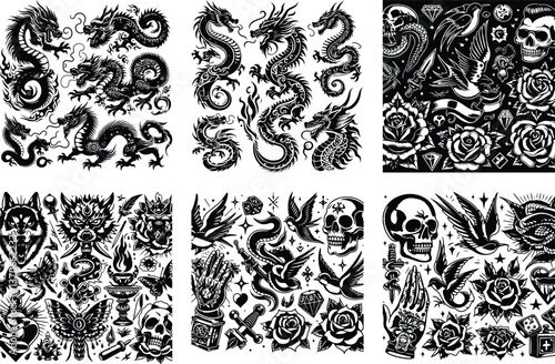 Tattoo Style Vector Bundle | Vintage Skull, Roses, Dragons, and Wild Animals Illustrations