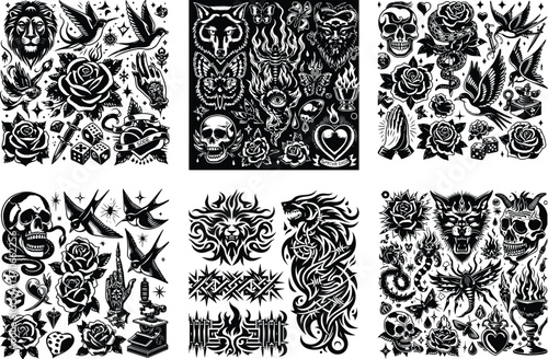 Tattoo Style Vector Bundle | Vintage Skull, Roses, Dragons, and Wild Animals Illustrations