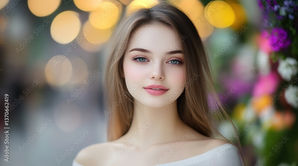 smiling pretty Caucasian woman at flower garden with bokeh light, dreamy elegance atmosphere smiling pretty Caucasian woman at flower garden with bokeh light, dreamy elegance atmosphere