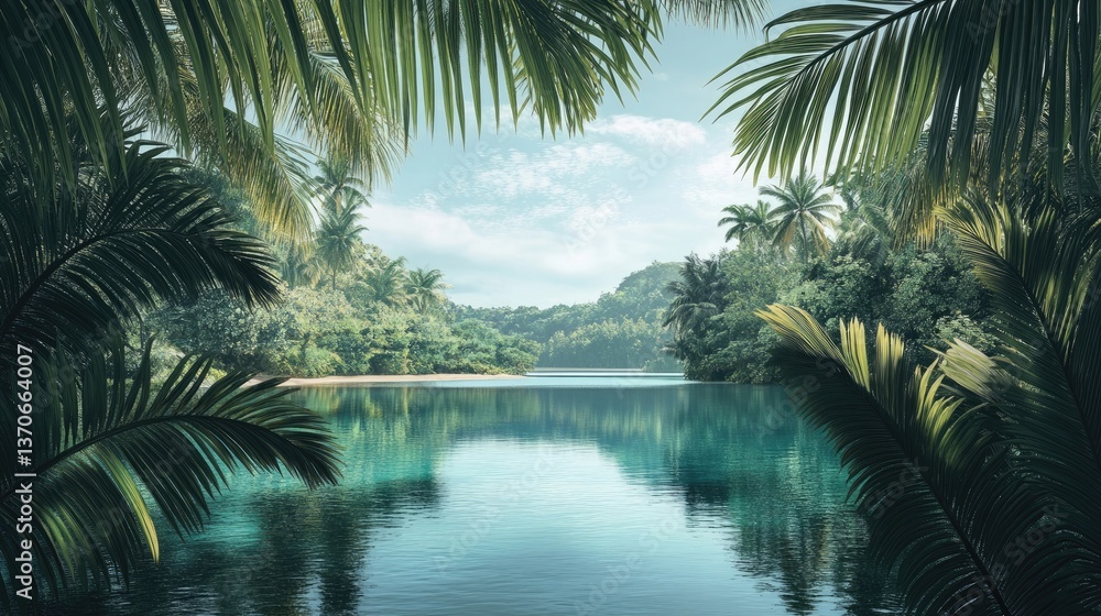 Beautiful jungle beach lagoon view with palm trees and tropical leaves Beautiful jungle beach lagoon view with palm trees and tropical leaves