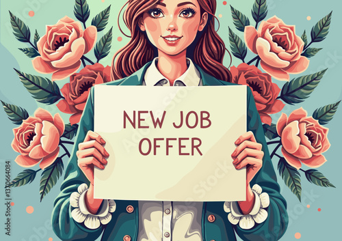 Young woman smiling with a job offer sign against floral background  