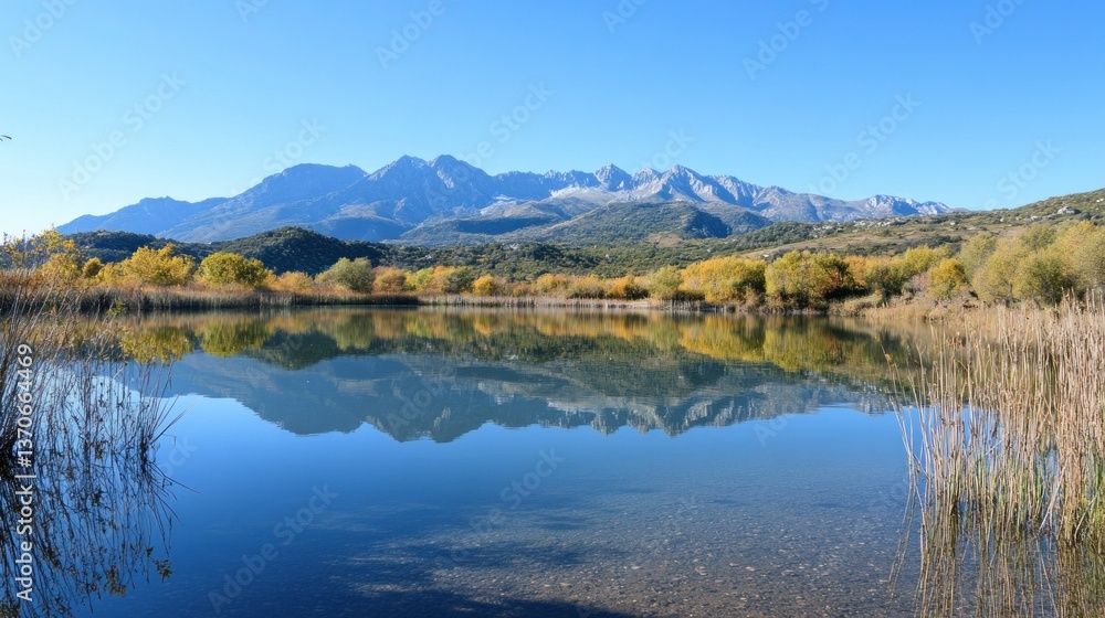 A scenic lake reflects mountains and autumnal trees in perfect stillness A scenic lake reflects mountains and autumnal trees in perfect stillness
