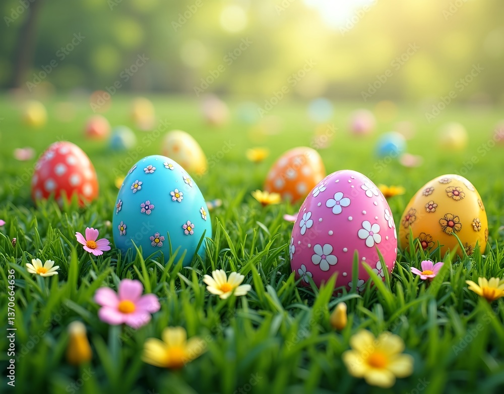 Colorful Easter eggs scattered in lush green grass with tiny flowers. Generative AI Colorful Easter eggs scattered in lush green grass with tiny flowers. Generative AI