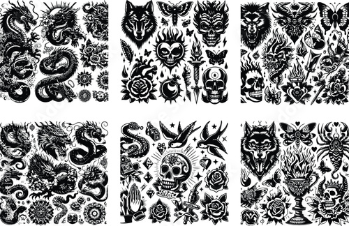 Tattoo Style Vector Bundle | Vintage Skull, Roses, Dragons, and Wild Animals Illustrations