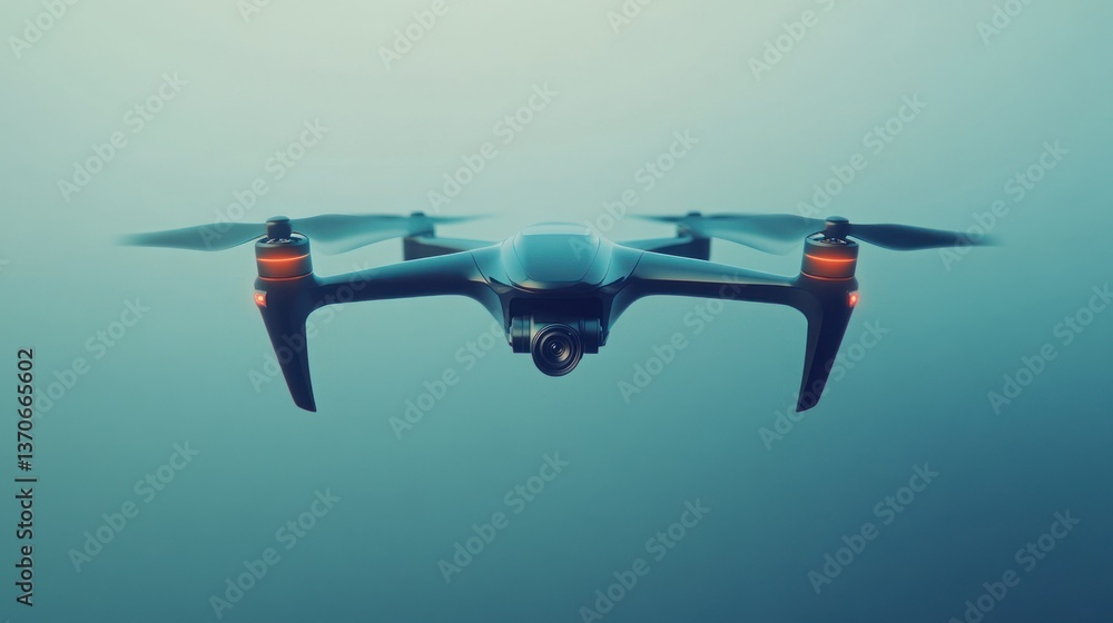 Naklejka premium A sleek drone hovers against a muted blue background in this image.