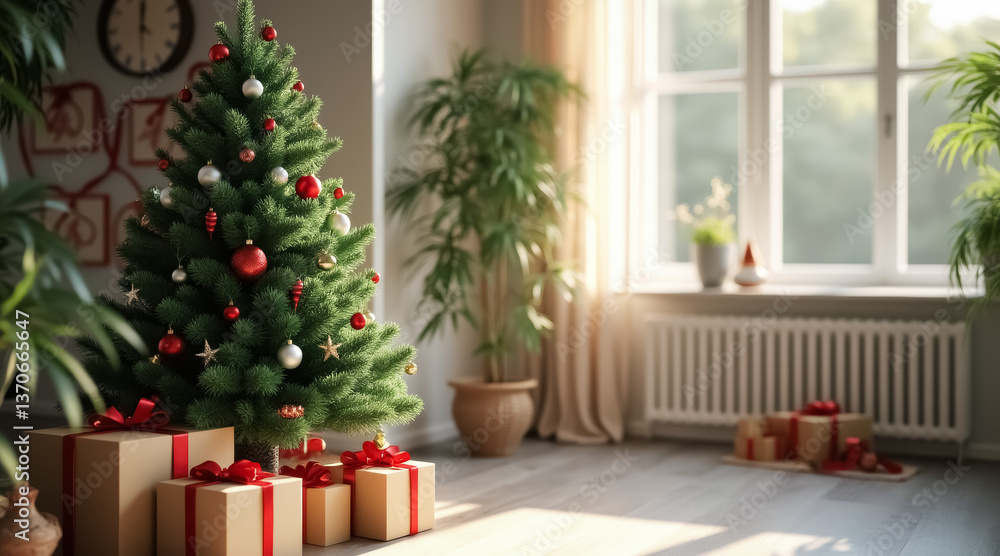 decorated christmas tree with presents underneath in a sunlit room decorated christmas tree with presents underneath in a sunlit room