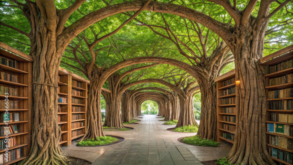 Fototapeta premium serene environment featuring beautiful pathway lined with majestic trees and bookshelves, inviting exploration and reflection