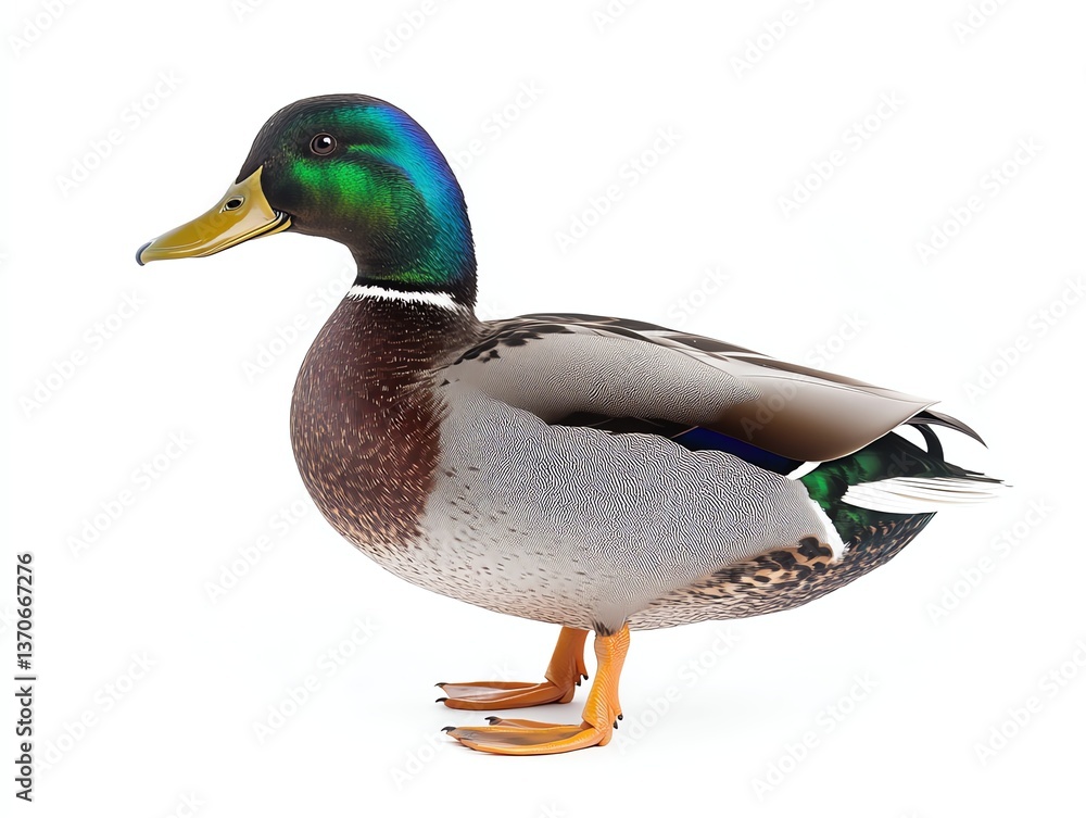 Obraz premium Standing Male Mallard Duck Portrait with Iridescent Head Feathers and Details