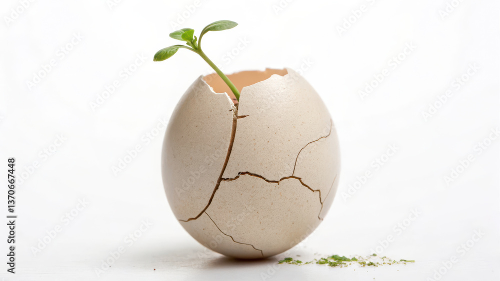 sprouting plant emerges from cracked eggshell symbolizing new beginnings and growth in serene environment sprouting plant emerges from cracked eggshell symbolizing new beginnings and growth in serene environment