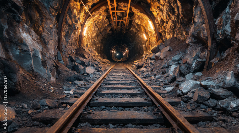 Naklejka premium Long Dark Tunnel in a Coal Mine with Railroad Tracks and Dim Lights Leading into Distance