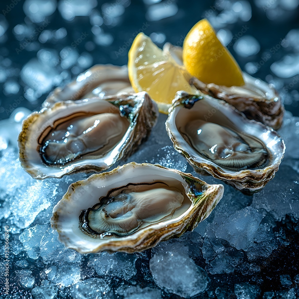 Gourmet Oysters on Ice: A close-up shot of freshly shucked oysters, beautifully arranged on a bed of ice. Complemented by vibrant lemon wedges, it captures the essence of gourmet seafood. Gourmet Oysters on Ice: A close-up shot of freshly shucked oysters, beautifully arranged on a bed of ice. Complemented by vibrant lemon wedges, it captures the essence of gourmet seafood.