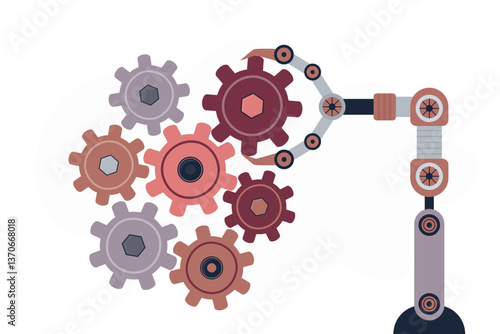 Automation, machine learning and mechanical intelligence concept. Artificial intelligence robotic hand mechanism holding and put gears. Industrial innovation. Manipulator arm