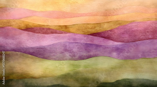 Abstract Watercolor Landscape Painting, Multicolored Hills, Autumn Colors, Artistic Nature Scenery, Soft Pastel Hues, Textured Background