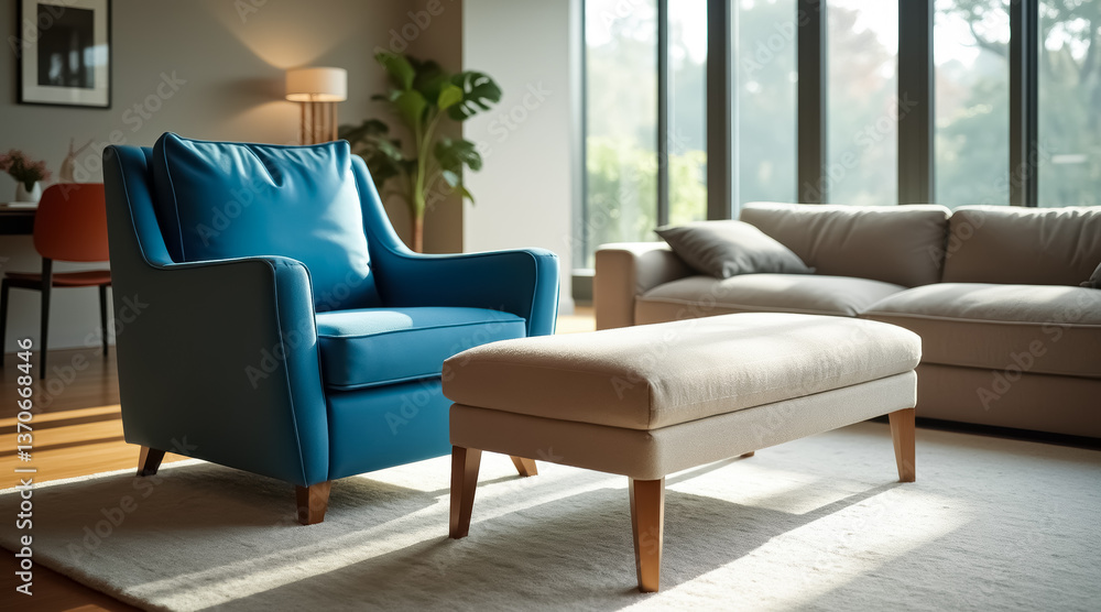 Fototapeta premium vibrant blue armchair with a beige ottoman in a sunlit living room