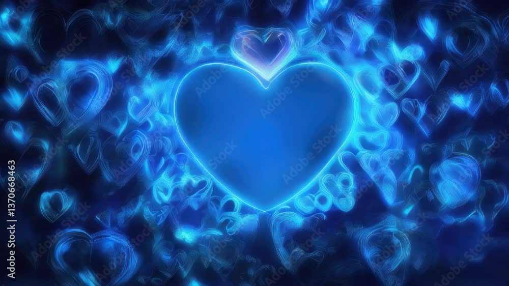 Blue heart surrounded by many hearts on a black background