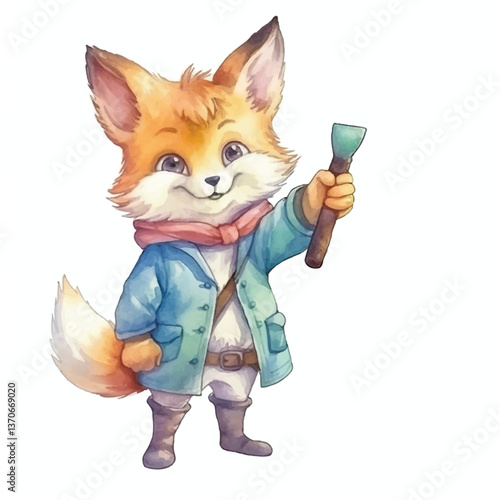 fox pointing finger cute watercolors illustration on white background
