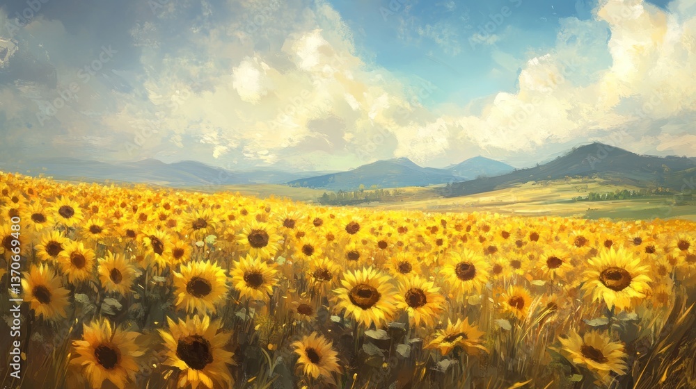 Obraz premium Vibrant sunflower field under a bright sky, showcasing nature's beauty and artistry