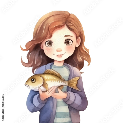 girl holding fish cute watercolors illustration on white background