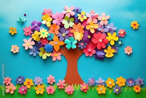 Paper Flowers Tree on Blue. Colorful Blossom Tree. Floral Spring Design Element
