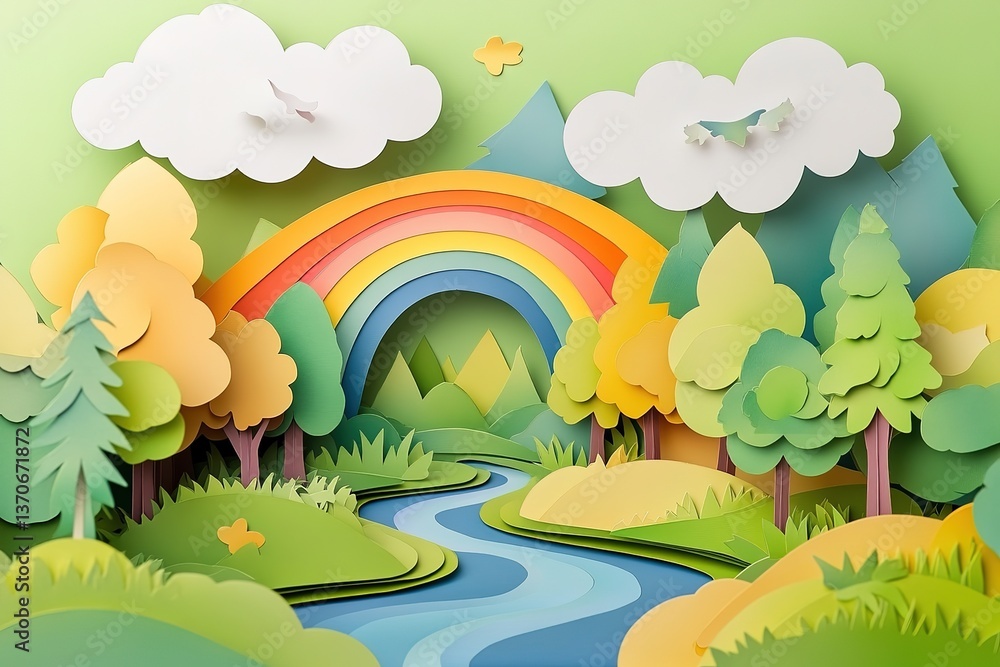 Obraz premium Papercut Scenic Landscape with Rainbow, Trees, River, Clouds and Mountains Design