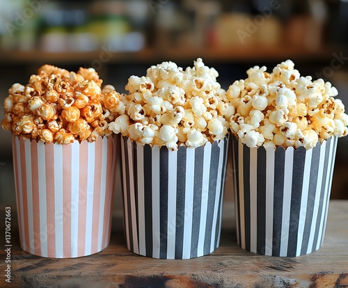 A Trio of Popcorn Delights: Close-up of three stylish striped paper cups filled to the brim with a medley of popcorn varieties – classic, caramel, and savory. A visual feast for the senses.