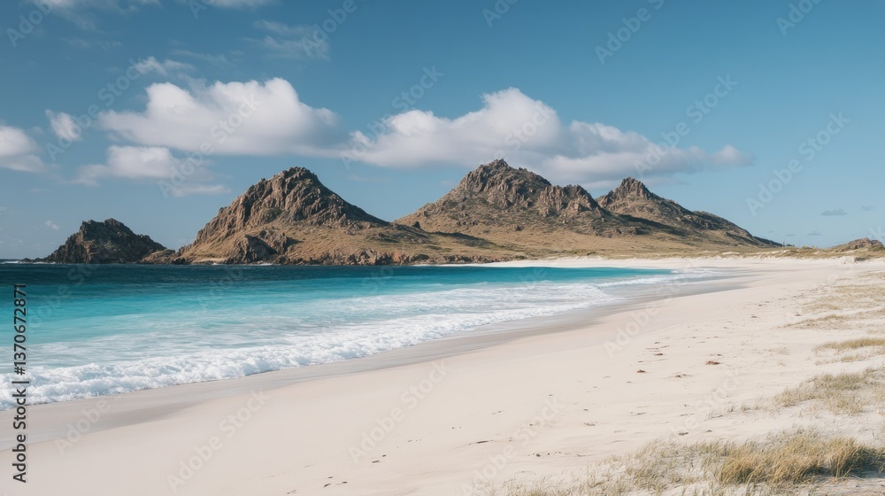 A serene beach with mountains under a beautiful cloudy sky A serene beach with mountains under a beautiful cloudy sky