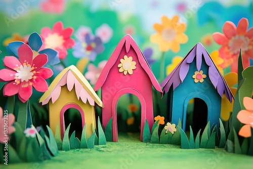 Colorful Paper Houses with Flowers, Cute Miniature Village, Meadow, Playful Scenery