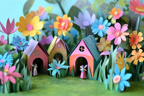Papercraft Fairies by Houses in Flower Meadow, Whimsical Miniature Scene, Brightly Lit