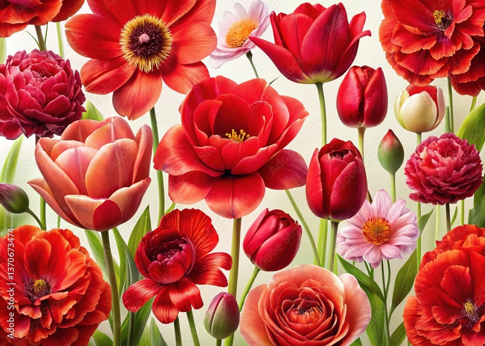 custom made wallpaper toronto digitalRed Flowers on White Background, Floral Design