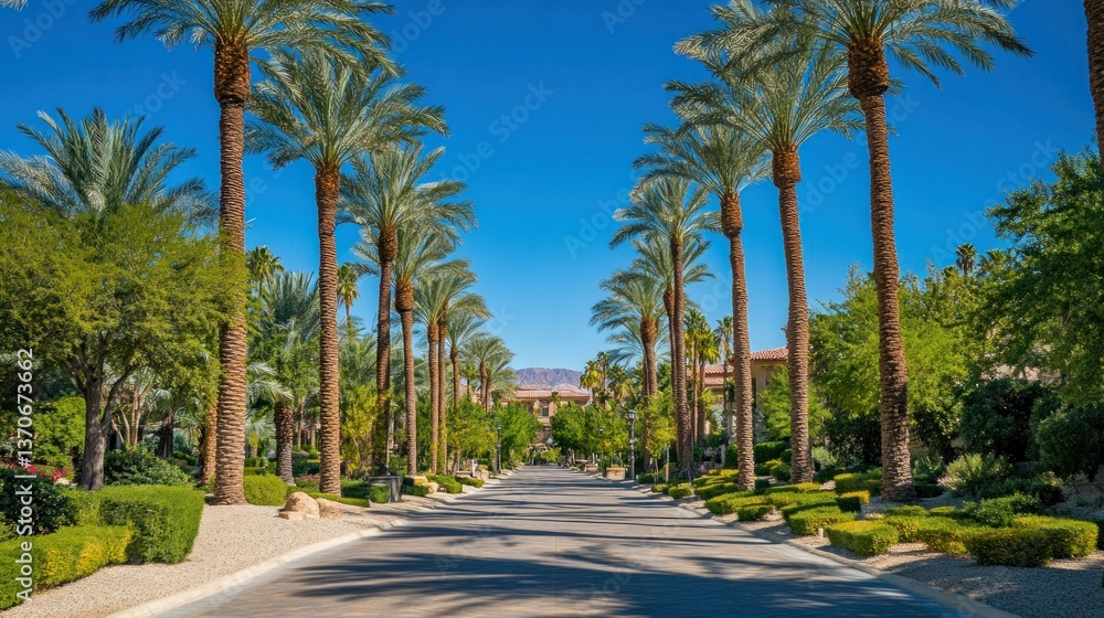 Road through a neighborhood lined with palm trees and greenery Road through a neighborhood lined with palm trees and greenery
