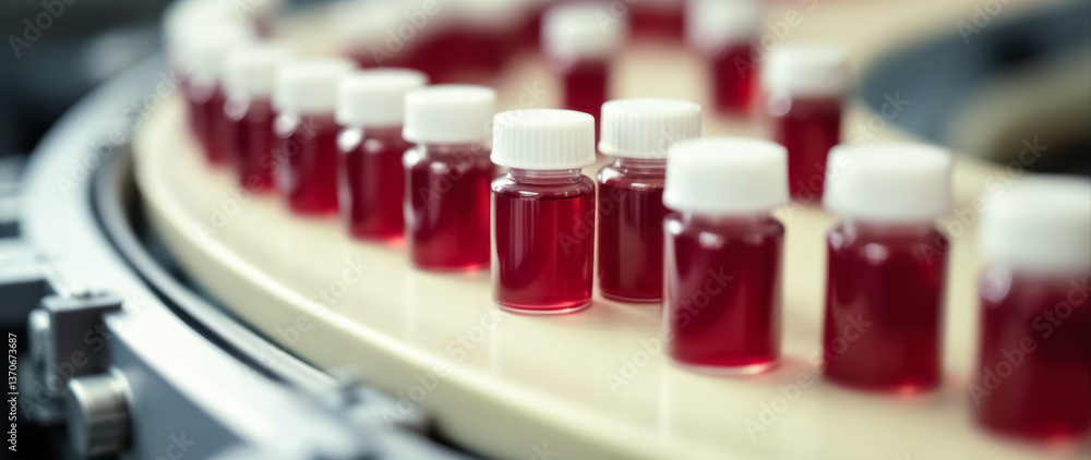 many small bottles with white caps filled with dark red liquid on a rotating platform many small bottles with white caps filled with dark red liquid on a rotating platform